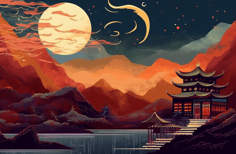 流云满月蓝色星空夜晚山川古代建筑国风写意插画,插画/手绘图,插画/手绘图库,插画/手绘图下载,插画/手绘